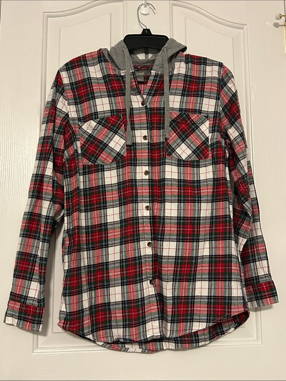 Natural Reflections Red and Gray Plaid Button-Down Hooded Shirt